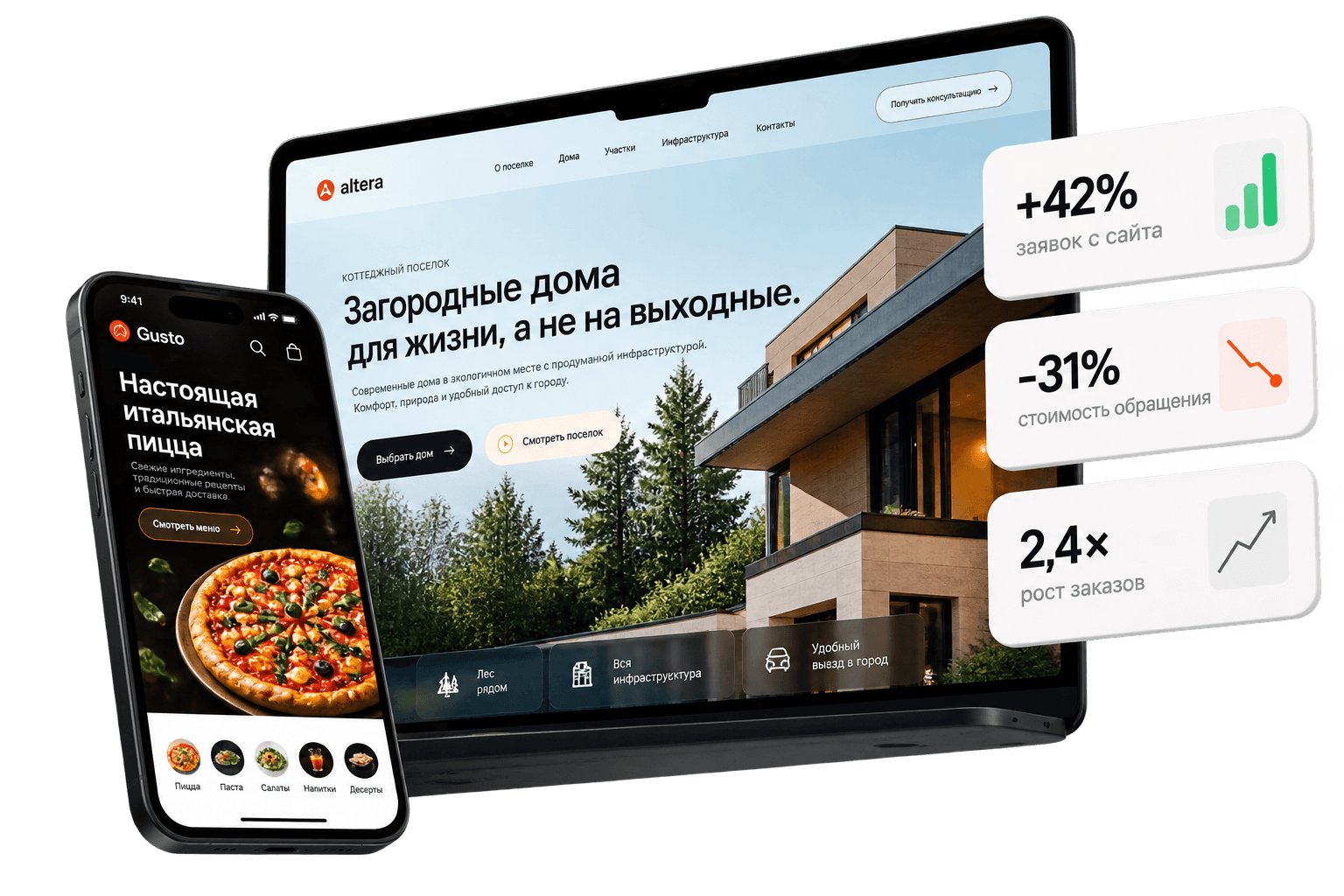 Макеты проектов: сайт ALTERA, приложение доставки и показатели роста